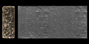 Western Asiatic Kassite Cylinder Seal with a Worshipping King in Front of an Enthroned God