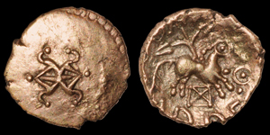 Celtic Trinovantes - Addedomaros - Wheel / X in Box Below Horse - Mule Gold Quarter Stater