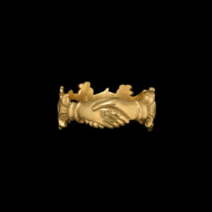 POST MEDIEVAL GOLD FEDE RING WITH FLOWERS AND CLASPED HANDS