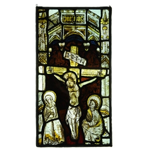Medieval Stained Glass Panel with the Crucifixion, Virgin and Saint Paul