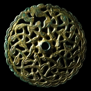 Viking Age Gilt Bronze Openwork Roundel with Interlaced Snakes