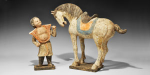 Glazed Ceramic Horse and Groom Figurine Group