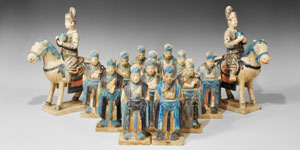 Ceramic Blue-Glazed Processional Figure Group
