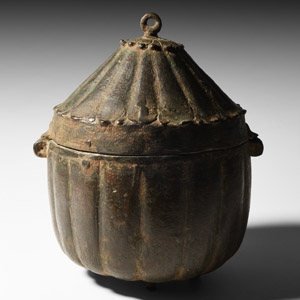 Medieval Bronze Ribbed Lidded Vessel