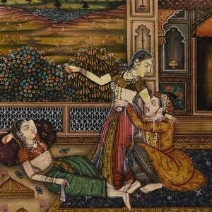 Framed Indian Watercolour Painting with Courtly Scene