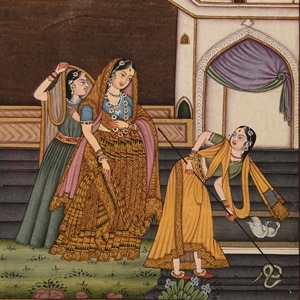 Framed Indian Watercolour Manuscript Leaf with Noble Ladies