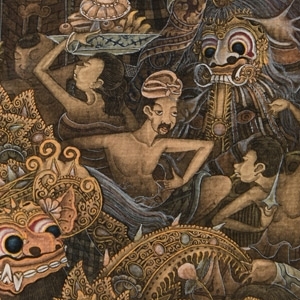 Framed Bali Watercolour Painting with Barong Dancers