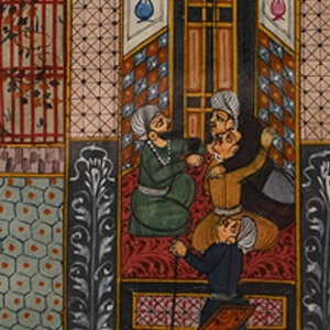 Framed Watercolour Painting with Male Figures Engaged in Conversation