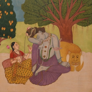 Indian Kangra School Painting Depicting Lord Shiva and Parvati Sitting on Bank of River