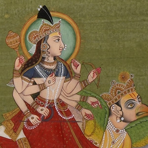 Indian Kangra School Watercolour Painting Depicting Goddess Lakshmi Seated on Garuda