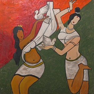 Indian M.F. Husain Painting with Dancers Holding Doves