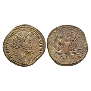 Ancient Roman Imperial Coins - Marcus Aurelius - Pile of Arms AE Sestertius