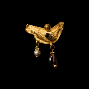 Gold Bird Pendant with Garnet and Pearl Drop
