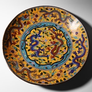Large Chinese Enamelled Copper Bowl with Dragons