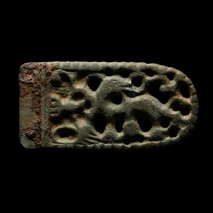Viking Bronze Strap End with Beast Facing Back