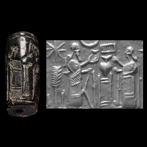 Neo-Assyrian Black Jasper Cylinder Seal with Cultic Banquet Scene
