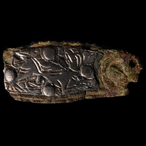 Anglo-Saxon Bronze Strap End with Rivetted Silver Plate with Beast Facing Back
