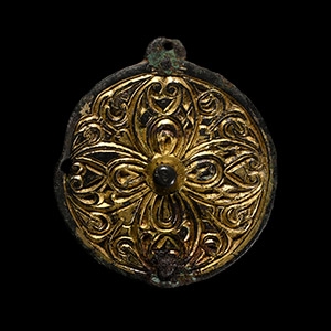 Anglo-Saxon Gilt Chip-Carved Pin Head with Floral Cross
