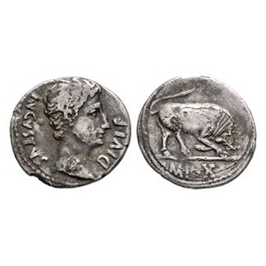 Ancient Roman Imperial Coins - Augustus - Bull Butting AR Denarius