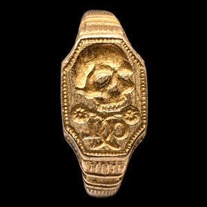 Gold Renaissance Memento Mori Signet Ring with C.L. and Skull