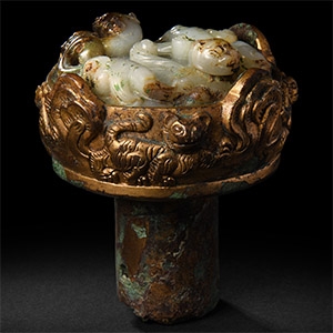 Chinese Han Gilded Bronze Sword Pommel with Jade