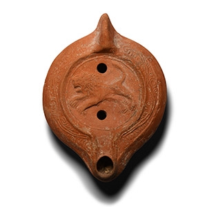 Large Roman Redware Lamp with Lion