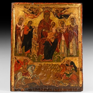 Greek Icon with Virgin and Saints George and Demetrius on Horseback