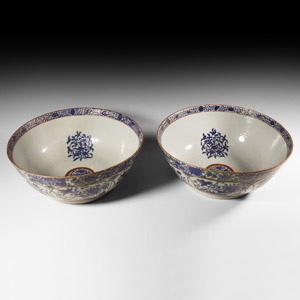 Large Chinese Decorated Porcelain Bowl Pair