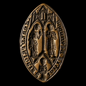Large French Medieval Vesica-Shaped Seal Matrix for Baldwin, Prior of Saint John the Baptist at Vendeuil