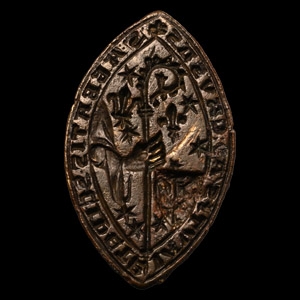 Large French Medieval Vesica-Shaped Seal Matrix ad causas of the Augustinian Abbey of Saint Peter