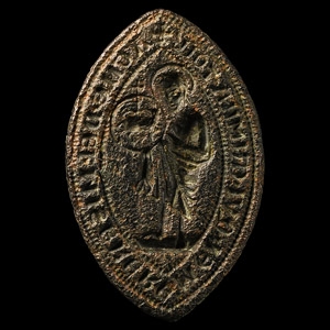English Medieval Vesica-Shaped Seal Matrix with O Lamb of God, who takes away offences, have mercy upon me