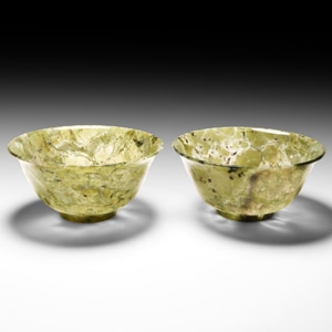 Chinese Mottled Green Jade Bowl Pair
