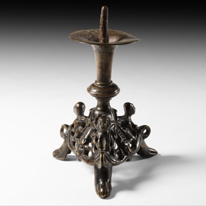 Medieval Style Openwork Candlestick with Three Figures