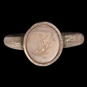 Roman Style Silver Ring with Cupid Riding a Dolphin Gemstone