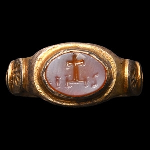 Post Byzantine Gilt Silver Ring with Cross Gemstone