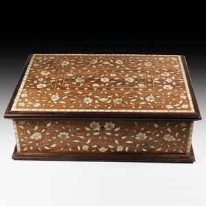 Post Medieval Wooden Box with Bone Inlays and Key