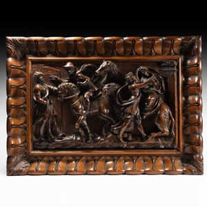 Renaissance Wooden Panel with Horse and Figures