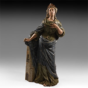 Post Medieval Painted Wooden Saint Barbara Statue