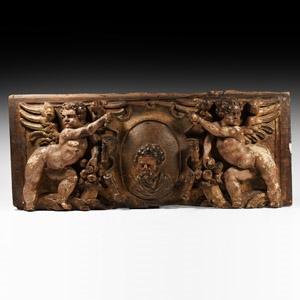 Post Medieval Wooden Panel with Putti