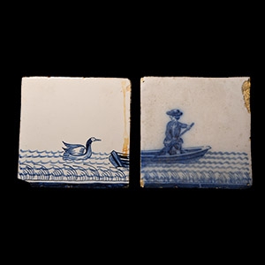 Post Medieval Glazed Ceramic Tile Set with Boating Scene