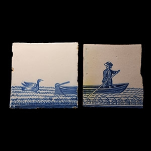 Post Medieval Glazed Ceramic Boating Scene Tile Set