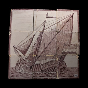 Post Medieval Glazed Ceramic Tile Set Displaying Boat