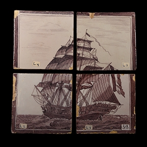 Post Medieval Glazed Ceramic Tile Set with Sailing Vessel
