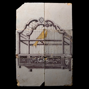 Post Medieval Glazed Ceramic Caged Canary Tile Set