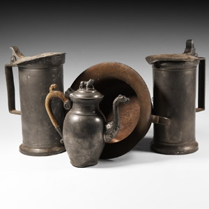 Post Medieval Pewter Bed Pan and Vessel Group