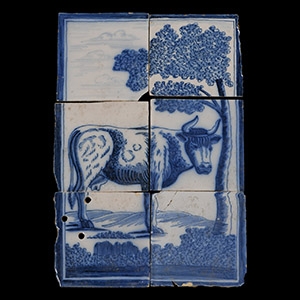 Post Medieval Glazed Ceramic Cow in Landscape Tile Set