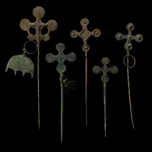 Viking Period Bronze Pin Collection with Lobed Cross Finials