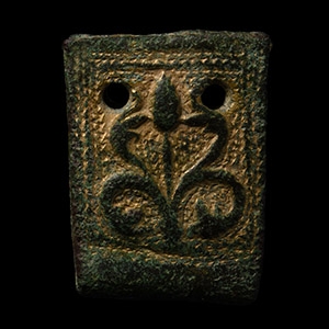 Medieval Gilt Bronze Strap End with Flowering Plant