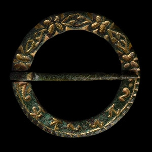 Medieval Gilt Bronze Ring Brooch with Flowers and Magical Symbols