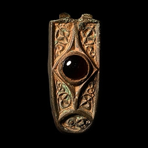 Carolingian Bronze Belt End with Cabochon